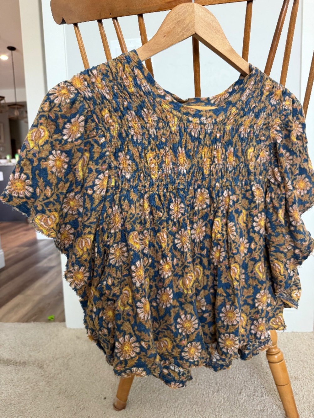 Free People Navy Mustard Floral Smocked Flutter Sleeve Boho Fall Top